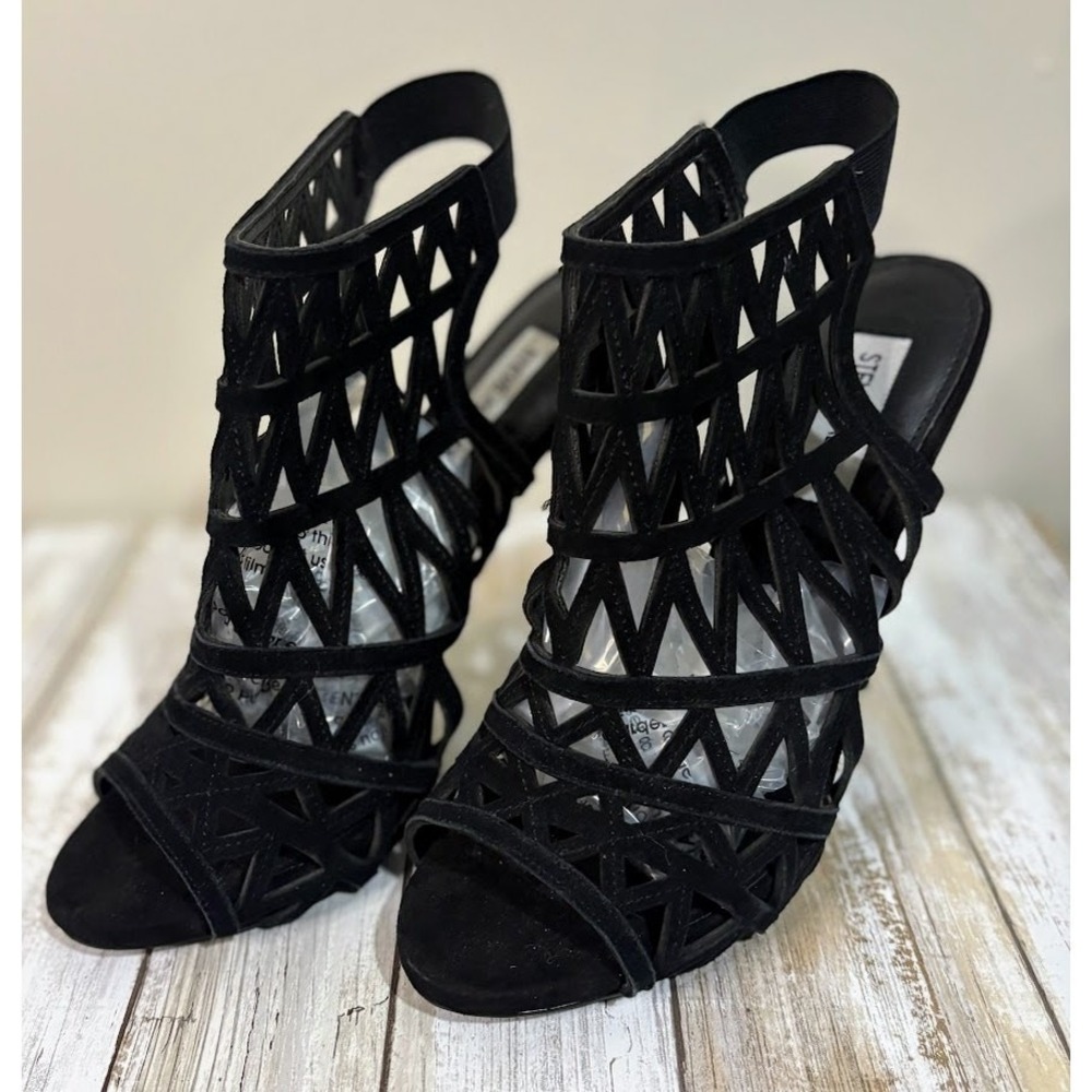 Steve‎ Madden Bratt Cage Sandal Womens 9 Black Excellent Suede Cutout Stiletto